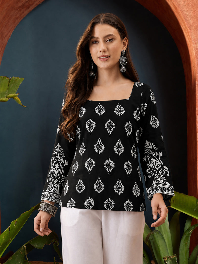 Stylum Women's Black Block Printed Rayon Straight Top (TOPBLACKMASKA)