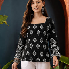 Stylum Women's Black Block Printed Rayon Straight Top (TOPBLACKMASKA)