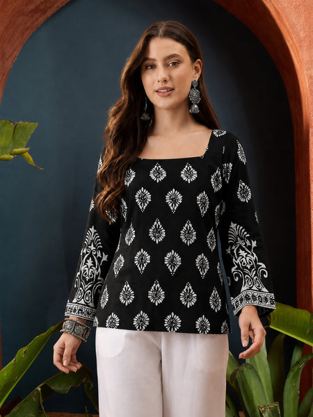 Stylum Women's Black Block Printed Rayon Straight Top (TOPBLACKMASKA)
