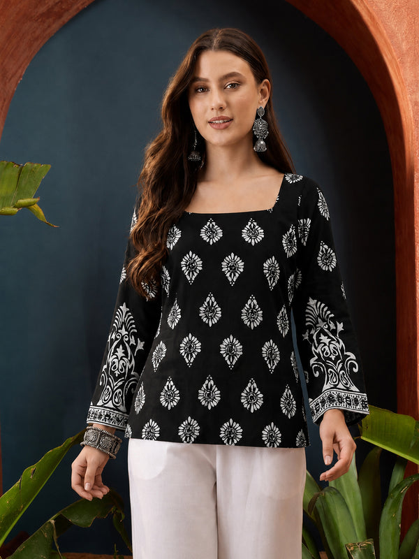 Stylum Women's Black Block Printed Rayon Straight Top (TOPBLACKMASKA)