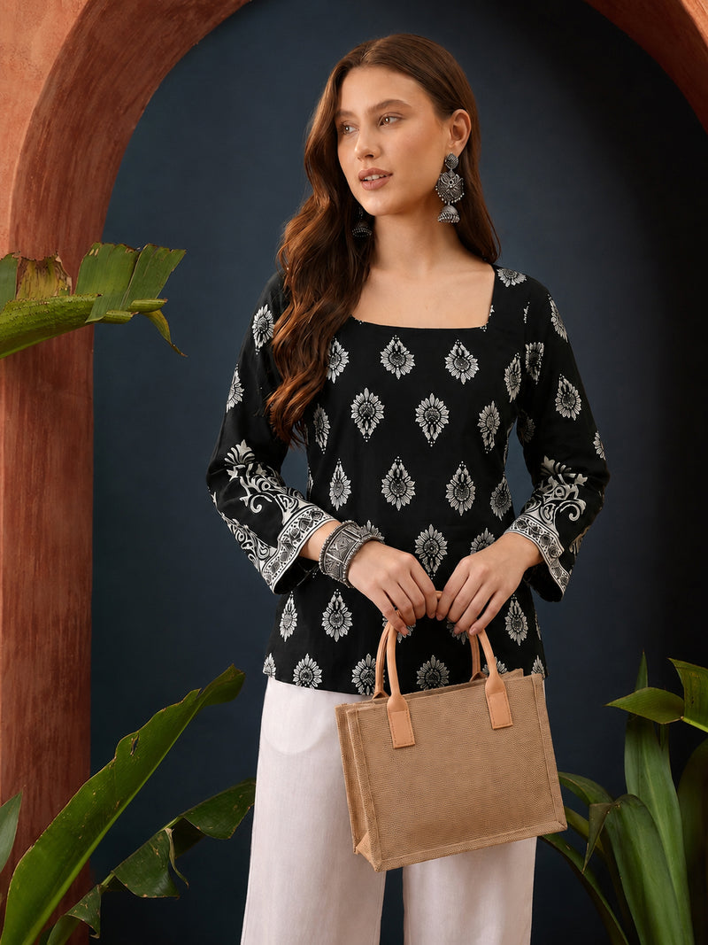 Stylum Women's Black Block Printed Rayon Straight Top (TOPBLACKMASKA)