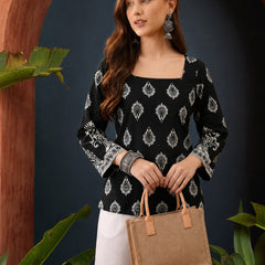 Stylum Women's Black Block Printed Rayon Straight Top (TOPBLACKMASKA)