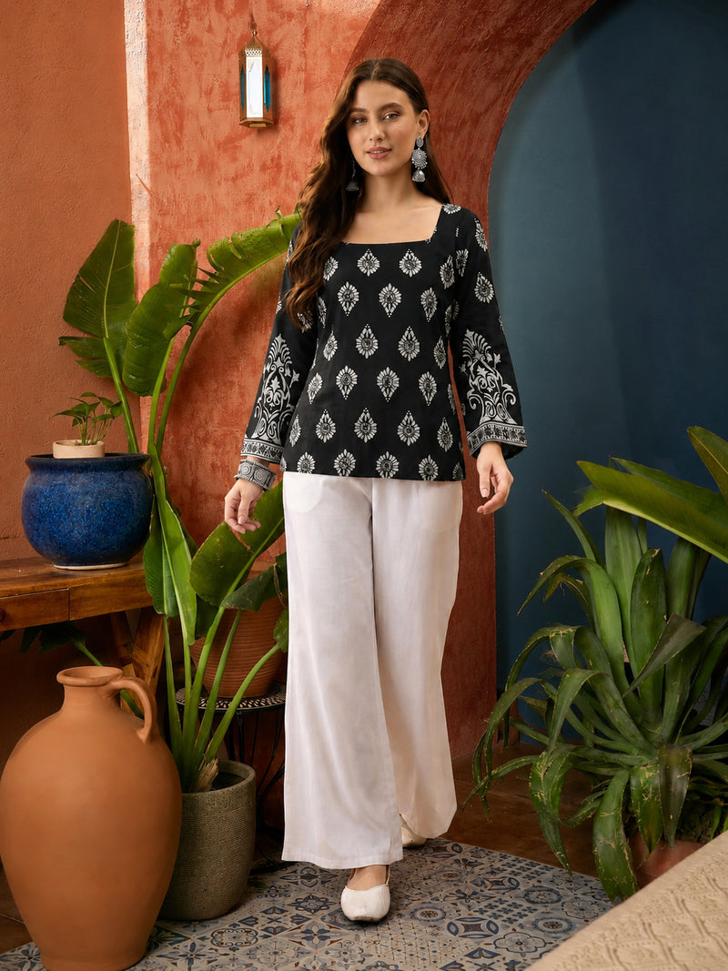 Stylum Women's Black Block Printed Rayon Straight Top (TOPBLACKMASKA)