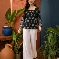 Stylum Women's Black Block Printed Rayon Straight Top (TOPBLACKMASKA)