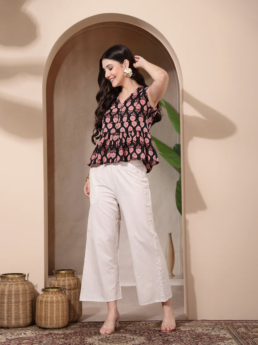 Stylum Women's Black Floral Printed Cotton Empire Top (TOPBLACKMICRO)