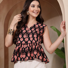 Stylum Women's Black Floral Printed Cotton Empire Top (TOPBLACKMICRO)