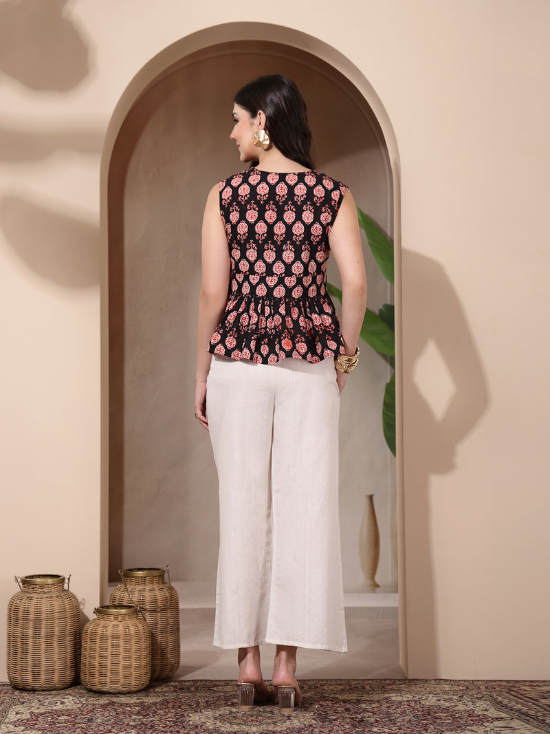 Stylum Women's Black Floral Printed Cotton Empire Top (TOPBLACKMICRO)