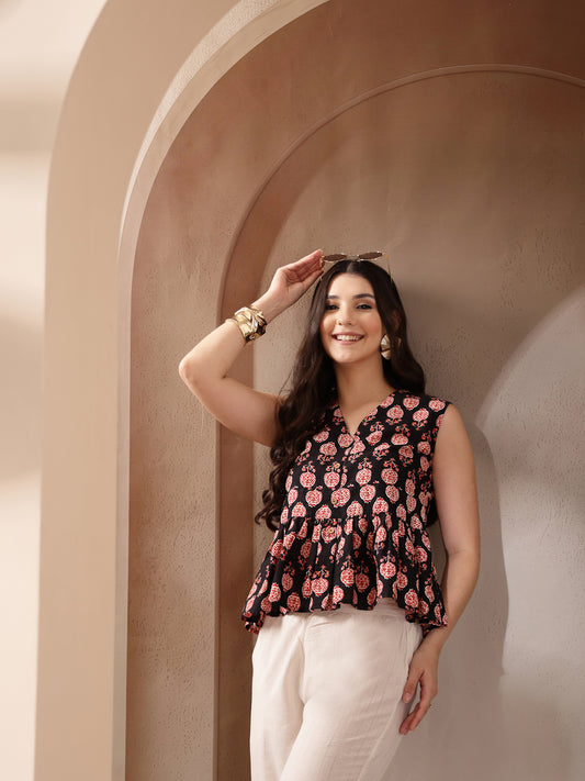 Stylum Women's Black Floral Printed Cotton Empire Top (TOPBLACKMICRO)