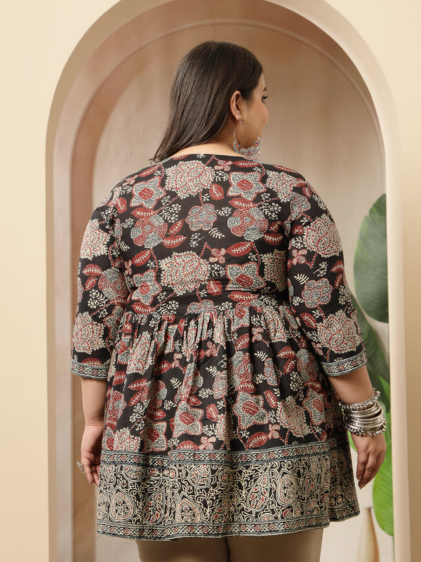 Stylum Women's Black Floral Printed Cotton Peplum Top (TOPBLACKNOVAPLUS)