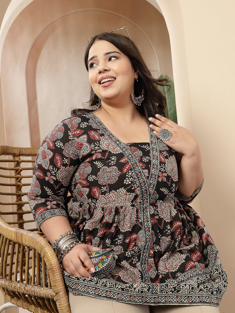 Stylum Women's Black Floral Printed Cotton Peplum Top (TOPBLACKNOVAPLUS)