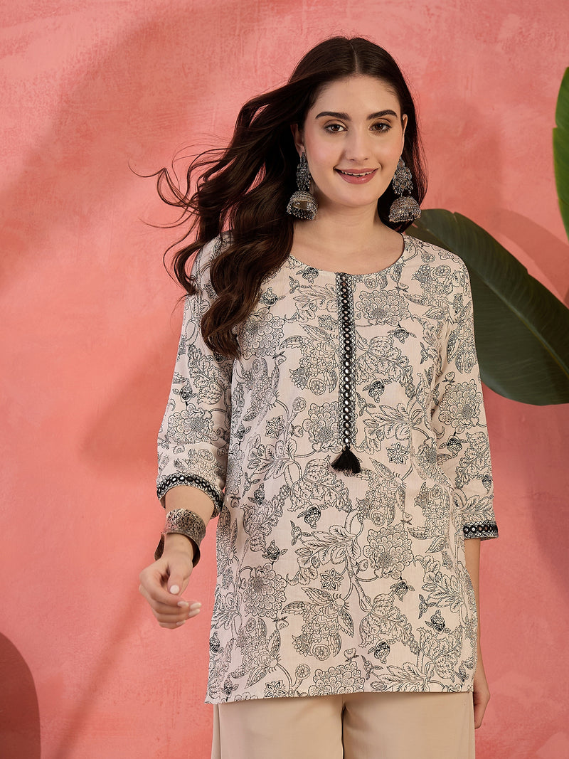 Stylum Women's Black Floral Printed Cotton Straight Top (TOPBLACKRUFIL)