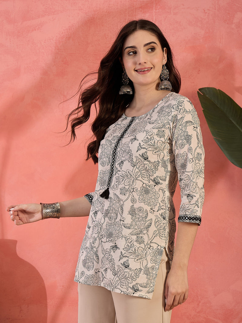 Stylum Women's Black Floral Printed Cotton Straight Top (TOPBLACKRUFIL)