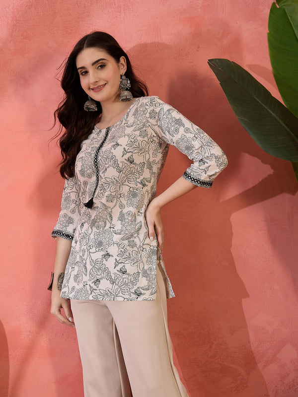 Stylum Women's Black Floral Printed Cotton Straight Top (TOPBLACKRUFIL)