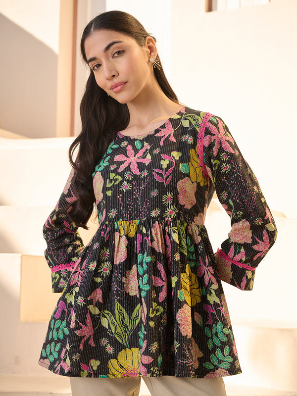 Stylum Women's Black Floral Printed Katha Cotton Empire Top (TOPBLACKRUMI)