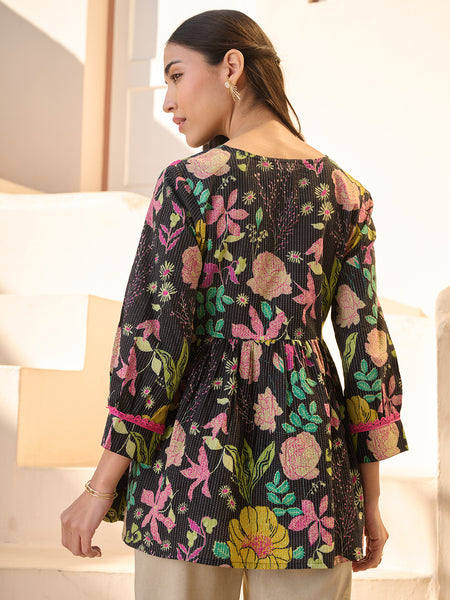Stylum Women's Black Floral Printed Katha Cotton Empire Top (TOPBLACKRUMI)