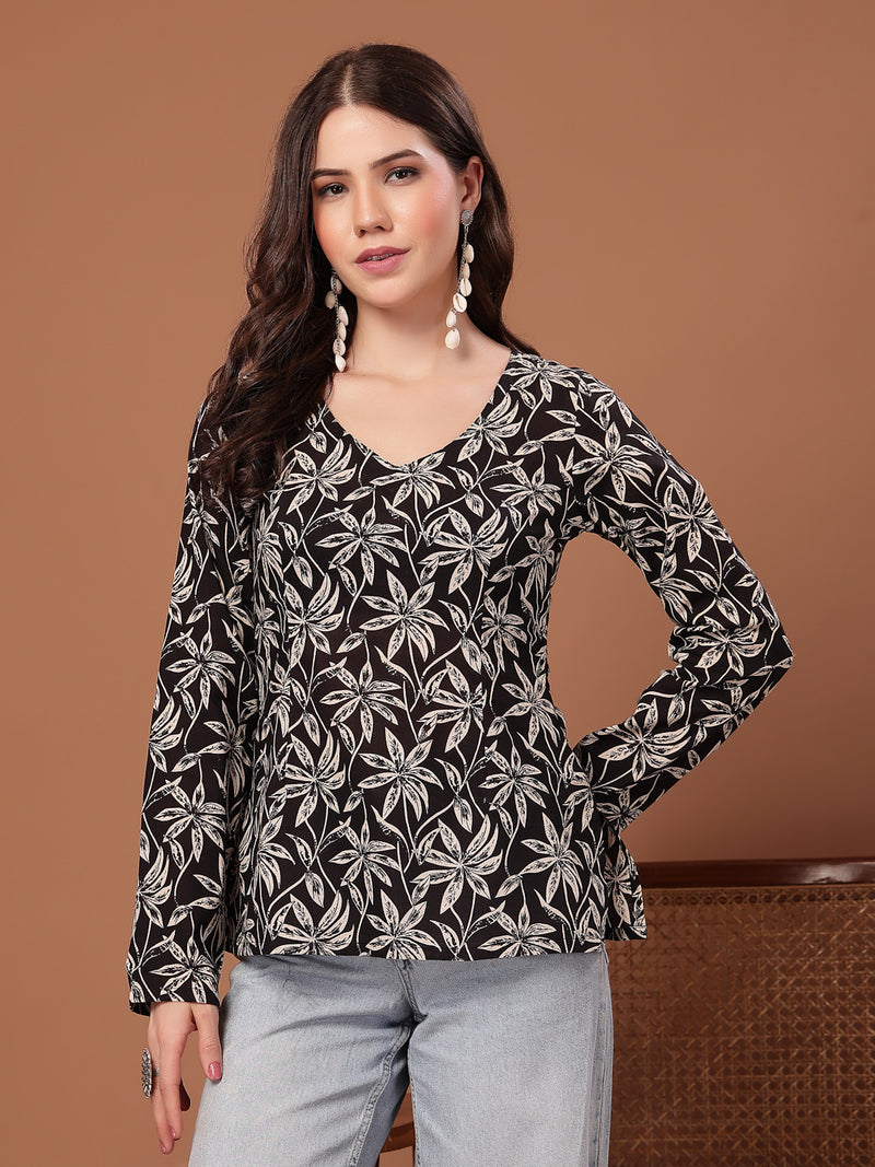 Women's Black Floral Printed Cotton Straight Top (TOPBLACKSCAR)
