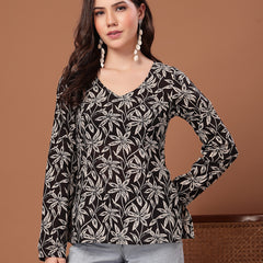 Women's Black Floral Printed Cotton Straight Top (TOPBLACKSCAR)