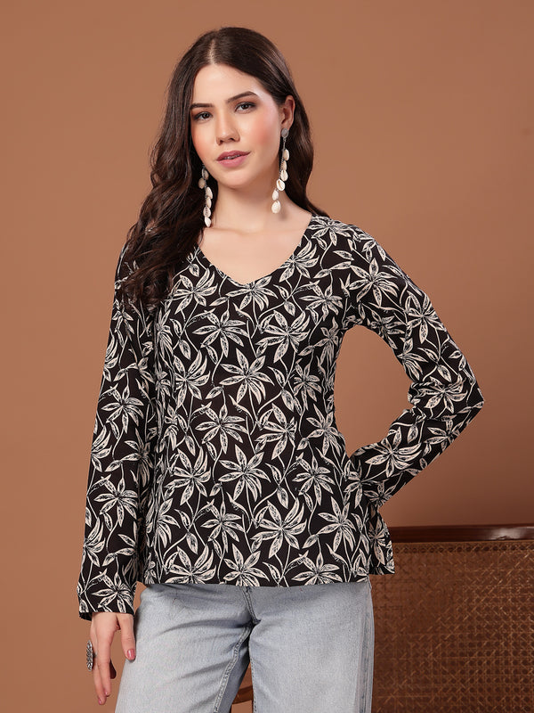 Women's Black Floral Printed Cotton Straight Top (TOPBLACKSCAR)