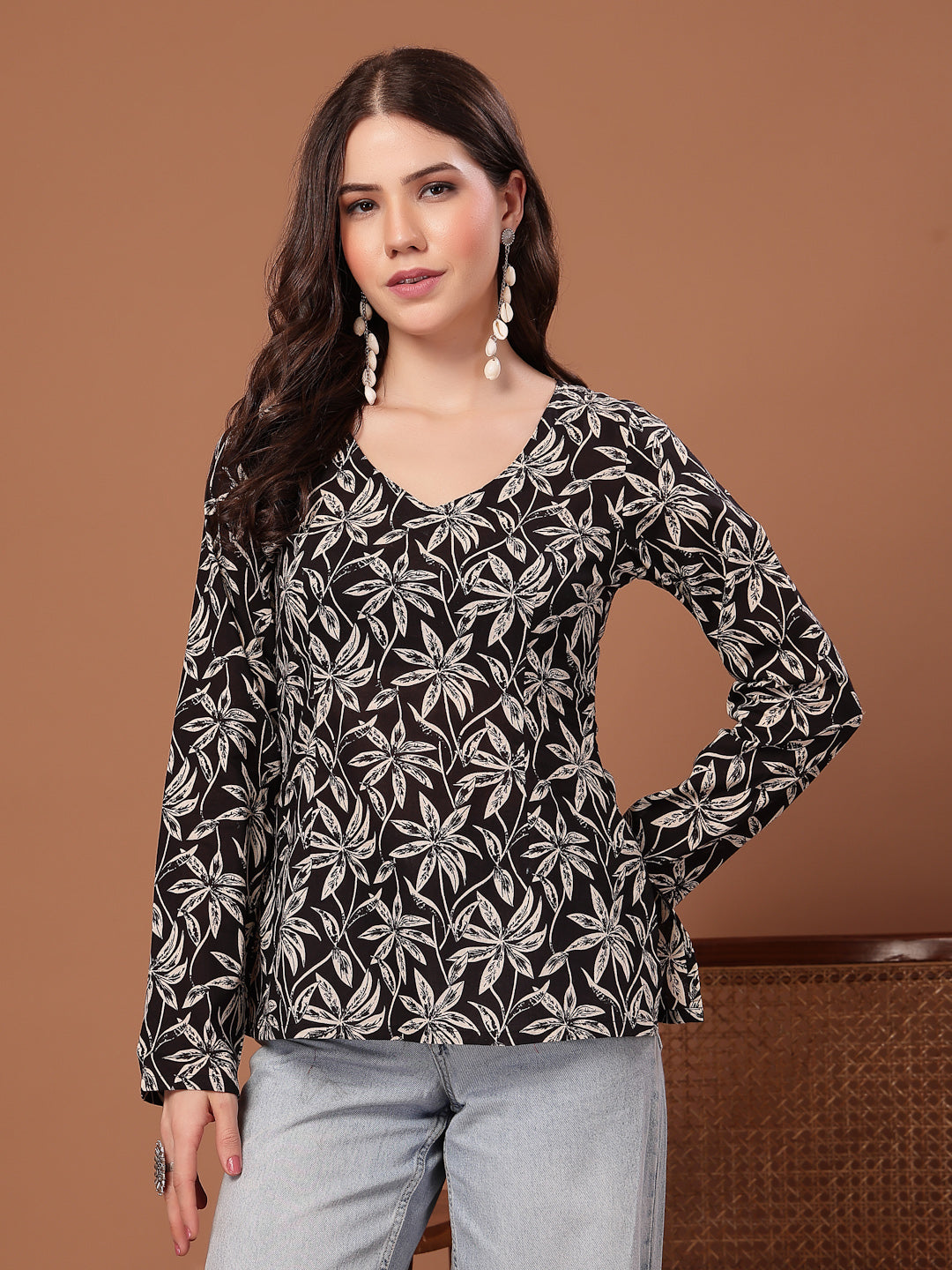 Women's Black Floral Printed Cotton Straight Top (TOPBLACKSCAR)