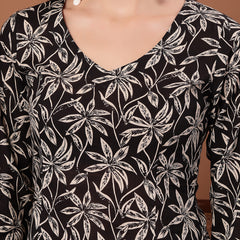 Women's Black Floral Printed Cotton Straight Top (TOPBLACKSCAR)