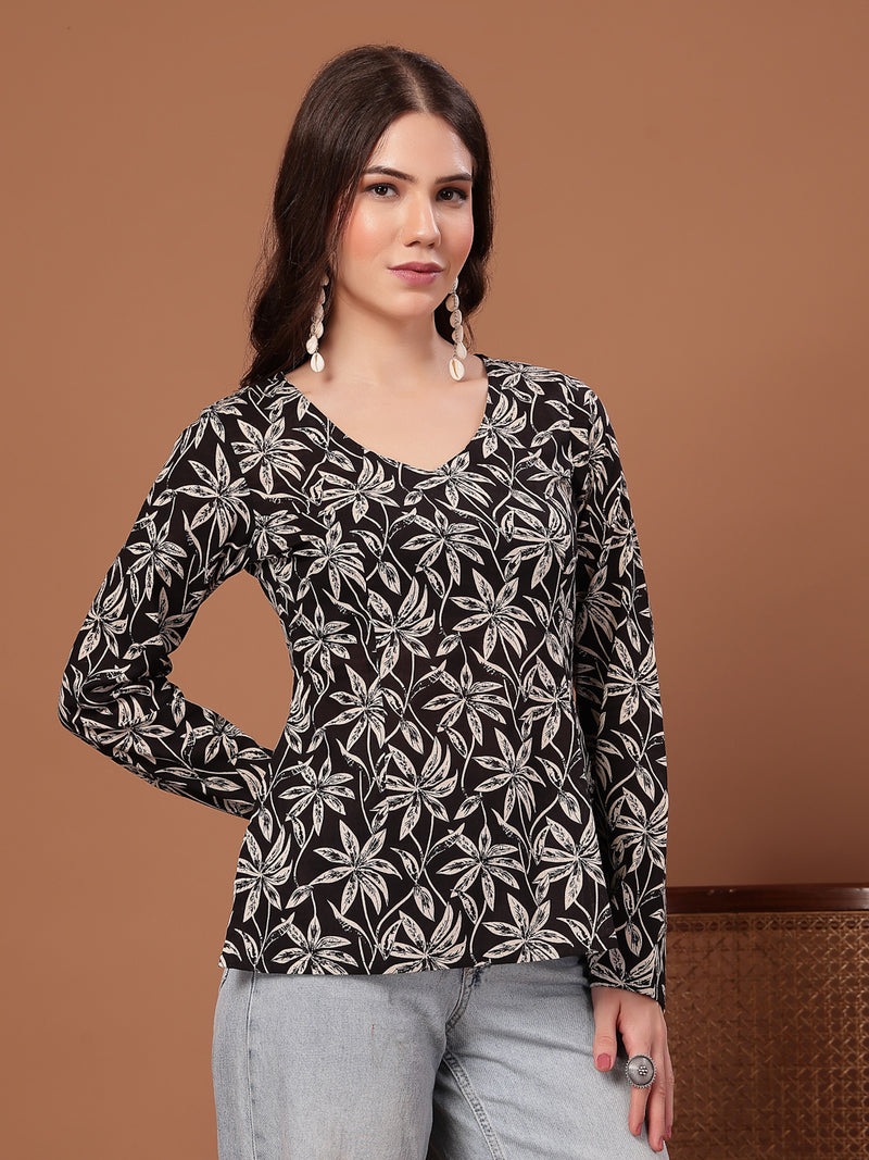 Women's Black Floral Printed Cotton Straight Top (TOPBLACKSCAR)