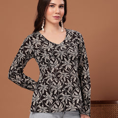 Women's Black Floral Printed Cotton Straight Top (TOPBLACKSCAR)