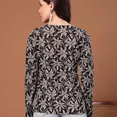 Women's Black Floral Printed Cotton Straight Top (TOPBLACKSCAR)