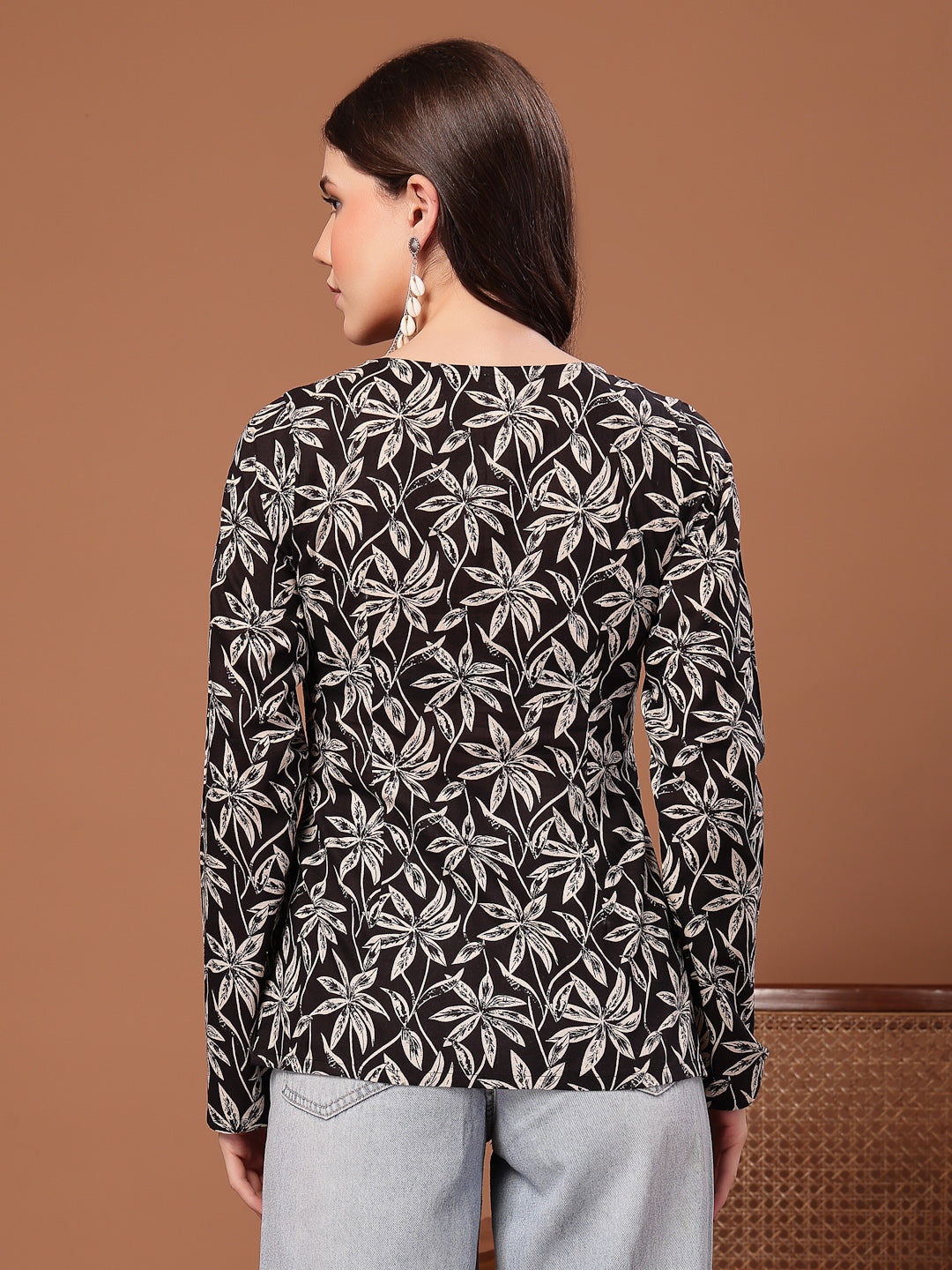 Women's Black Floral Printed Cotton Straight Top (TOPBLACKSCAR)