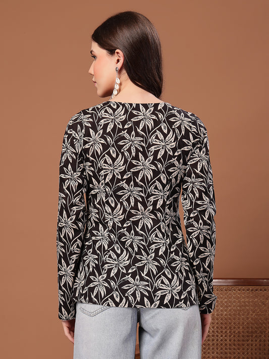 Women's Black Floral Printed Cotton Straight Top (TOPBLACKSCAR)