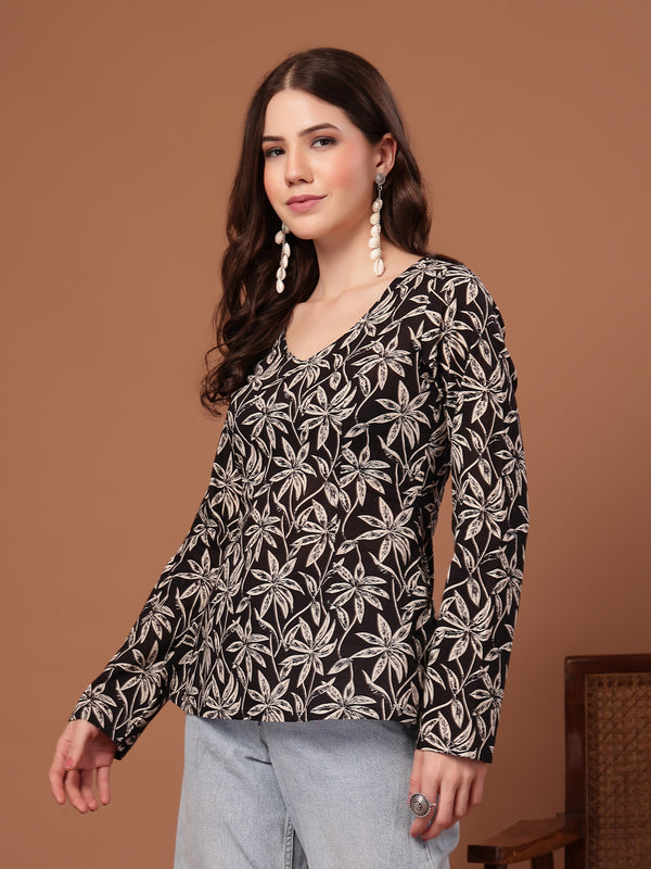 Women's Black Floral Printed Cotton Straight Top (TOPBLACKSCAR)