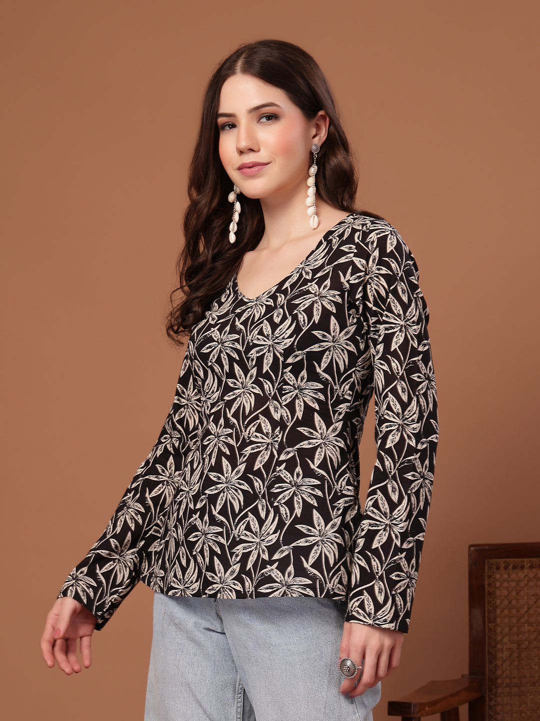 Women's Black Floral Printed Cotton Straight Top (TOPBLACKSCAR)