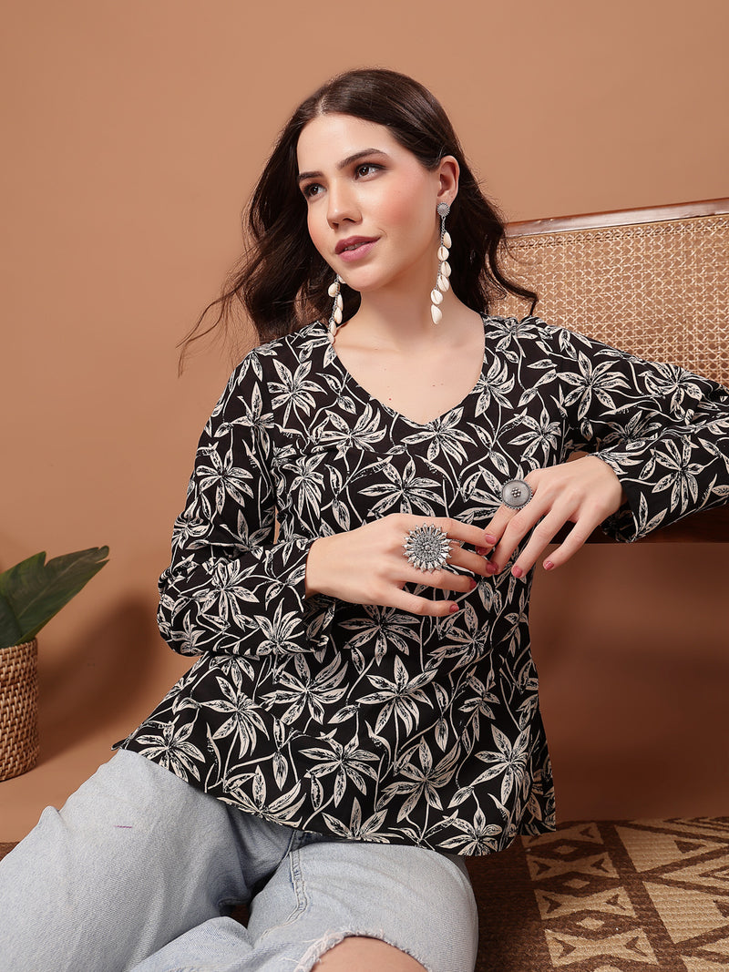 Women's Black Floral Printed Cotton Straight Top (TOPBLACKSCAR)