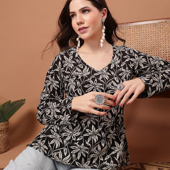 Women's Black Floral Printed Cotton Straight Top (TOPBLACKSCAR)