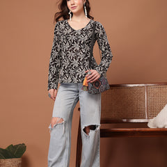 Women's Black Floral Printed Cotton Straight Top (TOPBLACKSCAR)