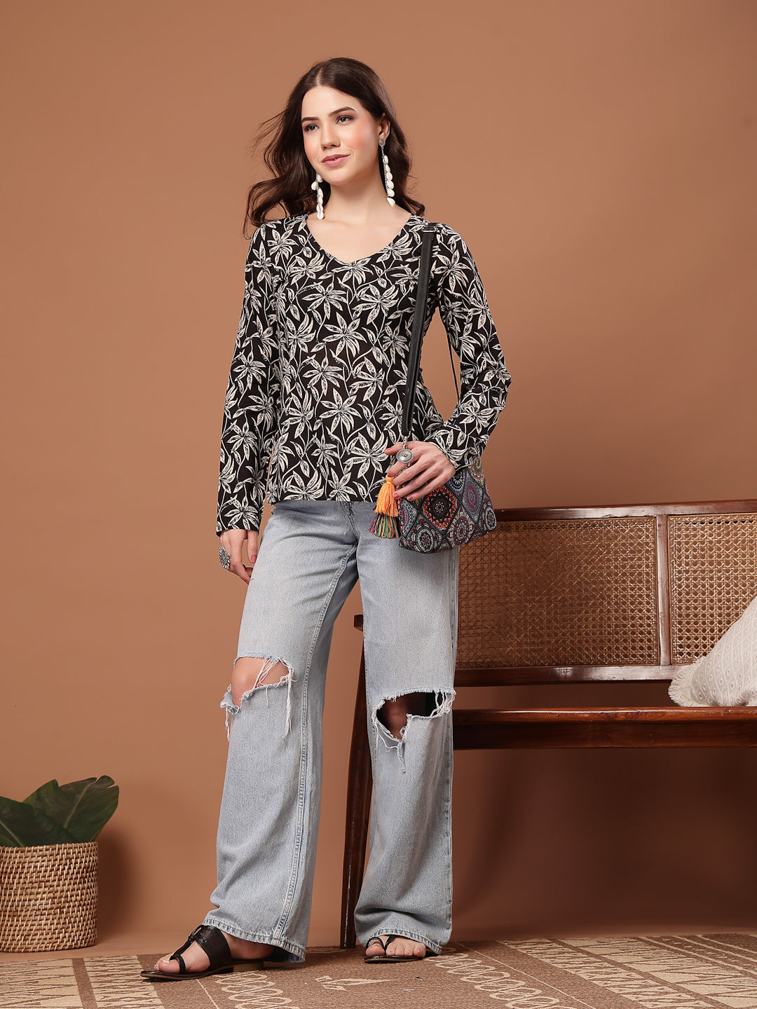 Women's Black Floral Printed Cotton Straight Top (TOPBLACKSCAR)