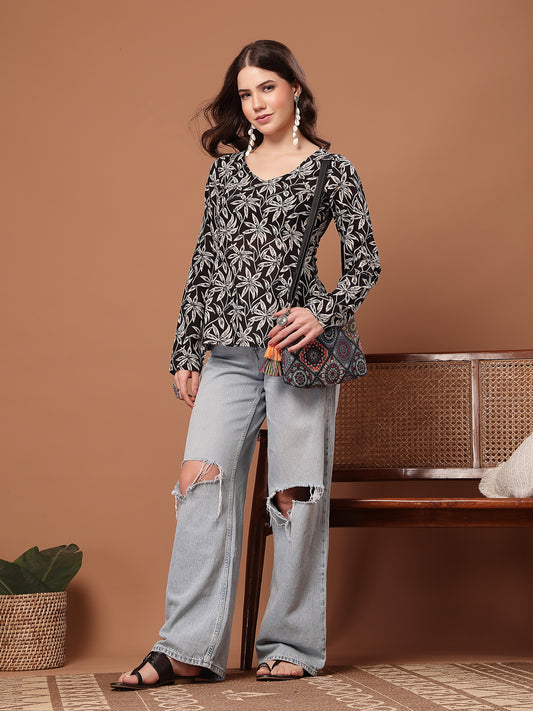 Women's Black Floral Printed Cotton Straight Top (TOPBLACKSCAR)