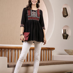 Stylum Women's Black Solid & Embroidered Rayon Peplum Top (TOPBLACKTIMMI)