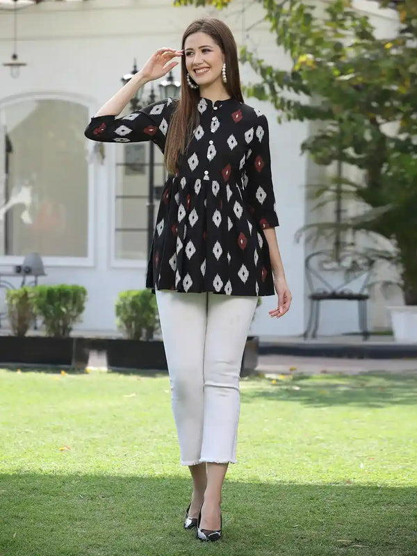 Stylum Women's Ikat Printed Cotton Gathered Ethnic Short Kurta  (TOPBLACKTUCKER)