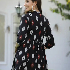 Stylum Women's Ikat Printed Cotton Gathered Ethnic Short Kurta  (TOPBLACKTUCKER)