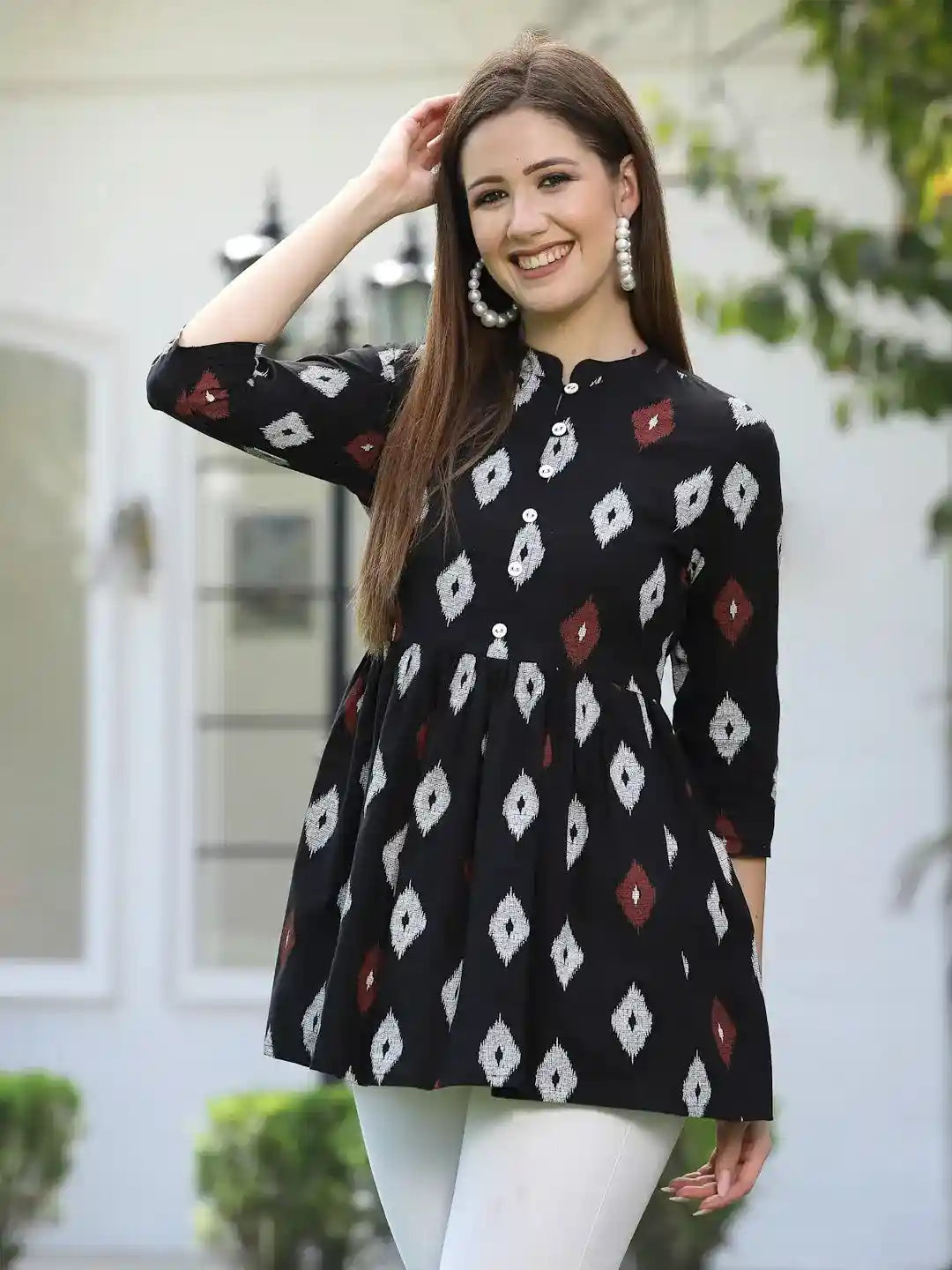 Stylum Women's Ikat Printed Cotton Gathered Ethnic Short Kurta  (TOPBLACKTUCKER)