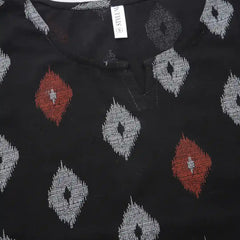 Stylum Women's Ikat Printed Cotton Gathered Ethnic Short Kurta  (TOPBLACKTUCKER)