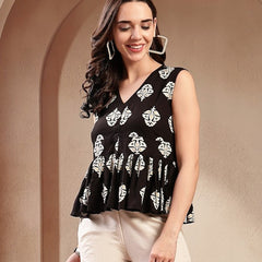 Stylum Women's Black Floral Printed Rayon Peplum Tops (TOPBLACKVERNA)