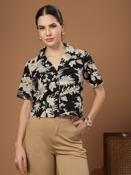 Stylum Women's Black Floral Printed Cotton Crop Top (TOPBLACKZEMINI)