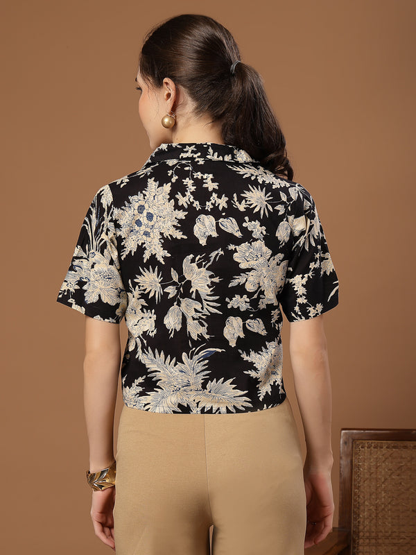 Stylum Women's Black Floral Printed Cotton Crop Top (TOPBLACKZEMINI)