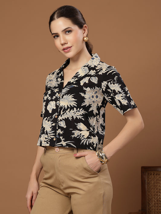 Stylum Women's Black Floral Printed Cotton Crop Top (TOPBLACKZEMINI)
