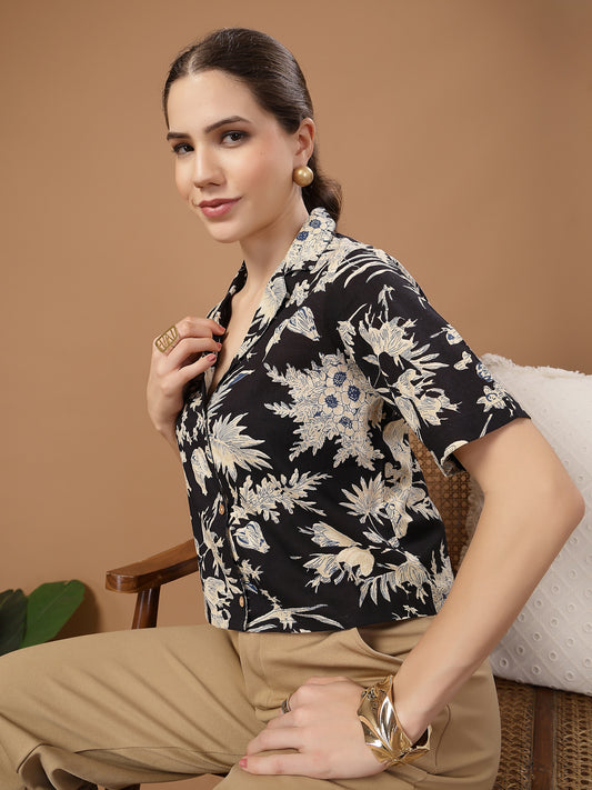 Stylum Women's Black Floral Printed Cotton Crop Top (TOPBLACKZEMINI)