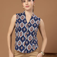 Stylum Women's Blue Ethnic Printed Cotton Vest Top (TOPBLUEBASIL)
