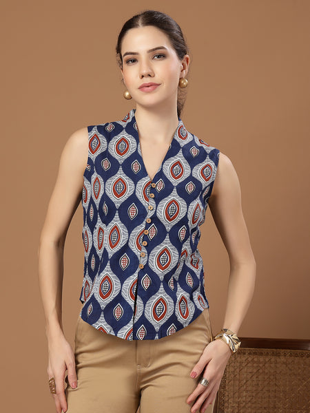 Stylum Women's Blue Ethnic Printed Cotton Vest Top (TOPBLUEBASIL)