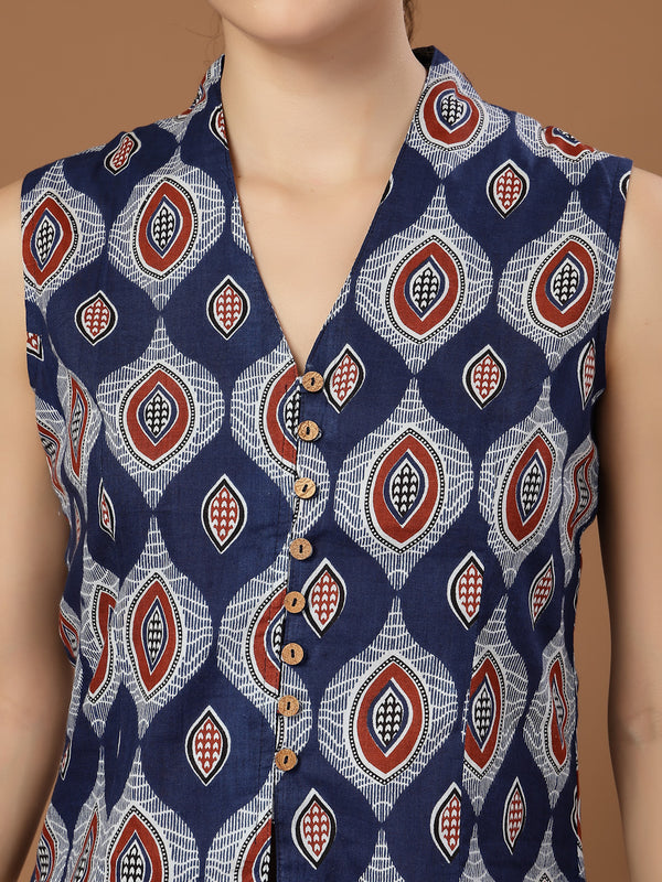 Stylum Women's Blue Ethnic Printed Cotton Vest Top (TOPBLUEBASIL)
