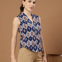 Stylum Women's Blue Ethnic Printed Cotton Vest Top (TOPBLUEBASIL)